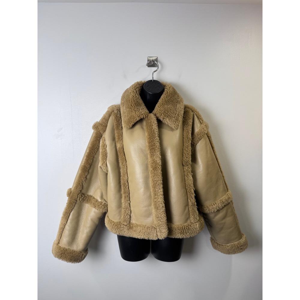 Stand Studio Women Tan Cecilia Faux Leather Shearling Aviator Jacket 38 (US 6)